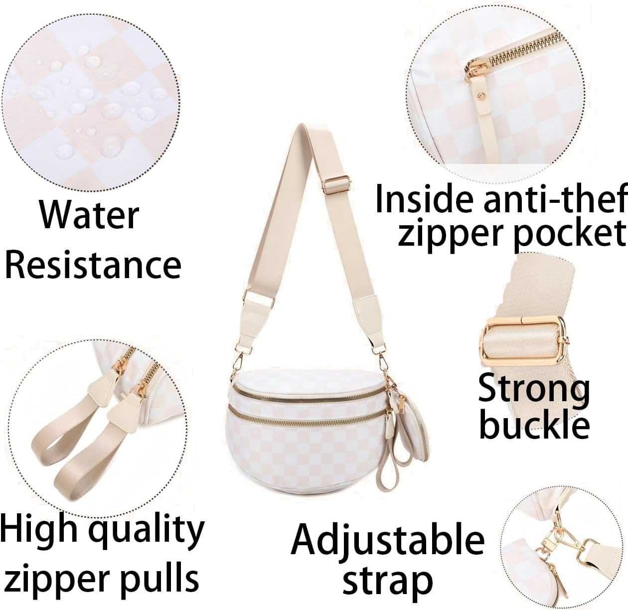 Zengmei Checkered Crossbody Bag for Women, Nylon Bag with Large Capacity, Adjustable Strap, Pack Bag Purse