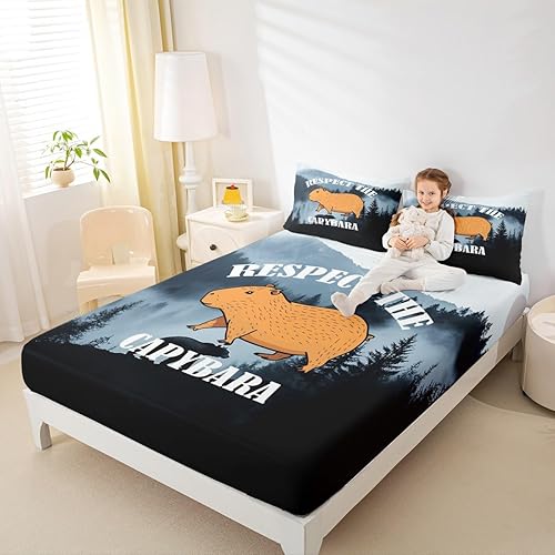 Miniatura 8 de Sábana bajera ajustable de Capybara de dibujos animados tamaño Queen para niños, bonito juego de cama de Capybaras marrón para niños y niñas,