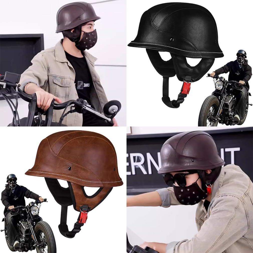 Niemiecki kask motocyklowy, skórzany, półskorupowy, z certyfikatem ECE, kask z maską i okularami, wyjmowana wyściółka wewnętrzna, rozmiar M ~ XL, 57 ~ 62 cm