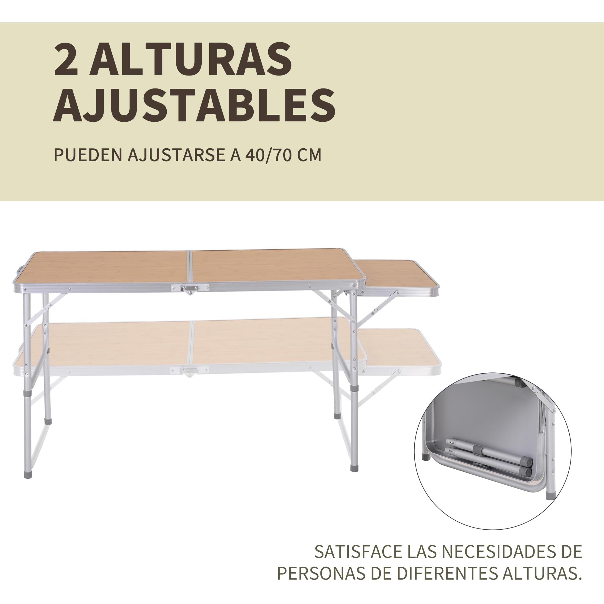 Outsunny Mesa Plegable de Camping Portátil con ala Abatible Mesa de Picnic de Encimera MDF Estructura Ligera de Aluminio Carga 30kg Altura Ajustable 153x60x39/71 cm