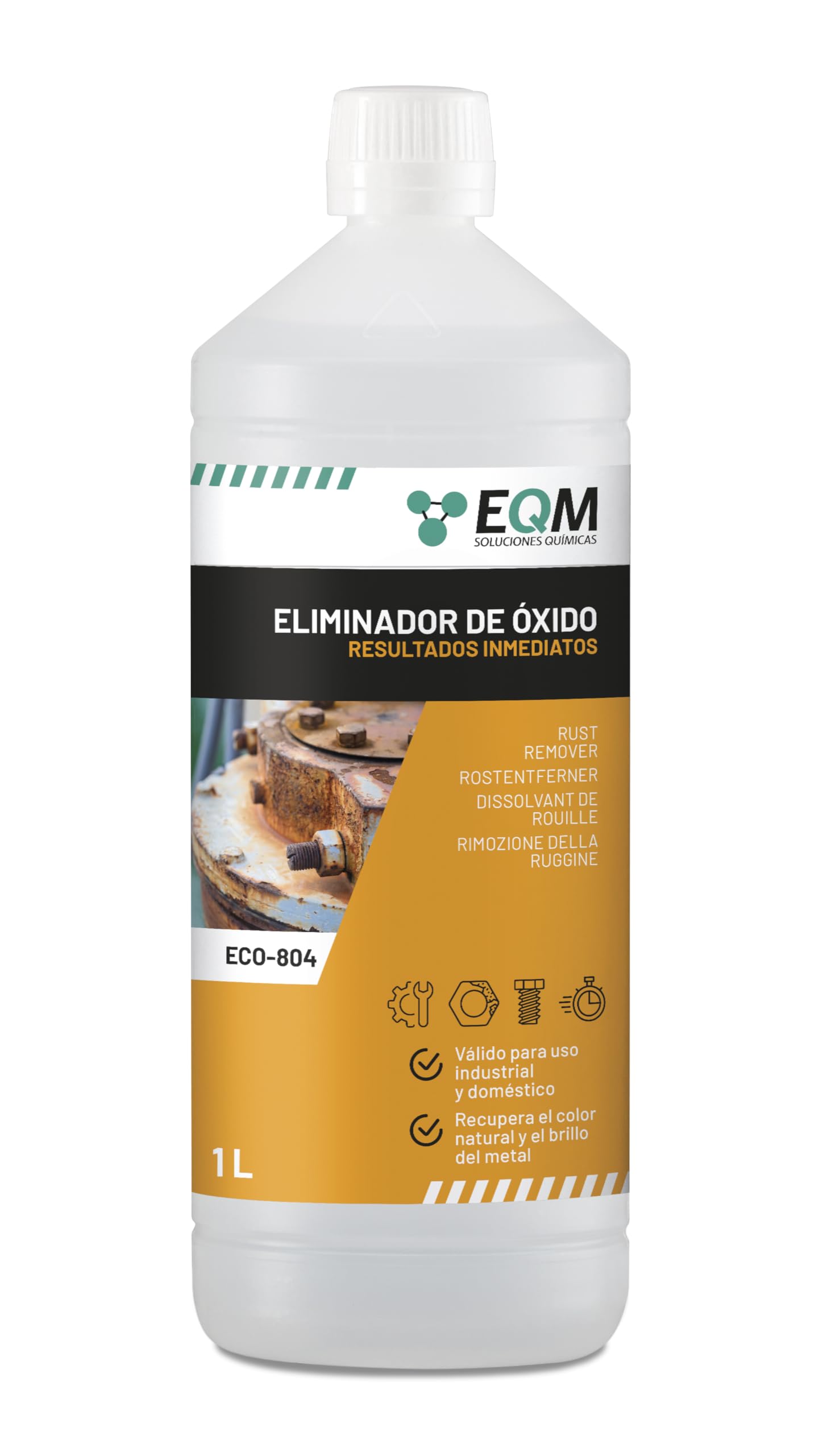 EQM - ECO-804 - Eliminador de Óxido Profesional - 1L - Remueve el óxido Completamente - Recupera el Color Original del Metal - Efecto inmediato