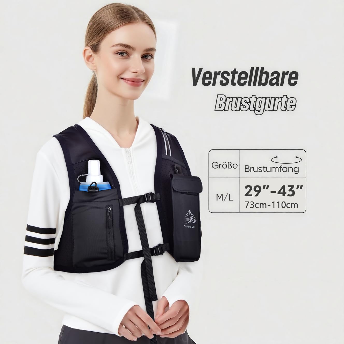 Gilet de course pour homme et femme, brevet européen original, sangles de poitrine réglables, gilet d'hydratation avec bouteille d'eau de 500 ml, sac à dos d'hydratation réfléchissant avec