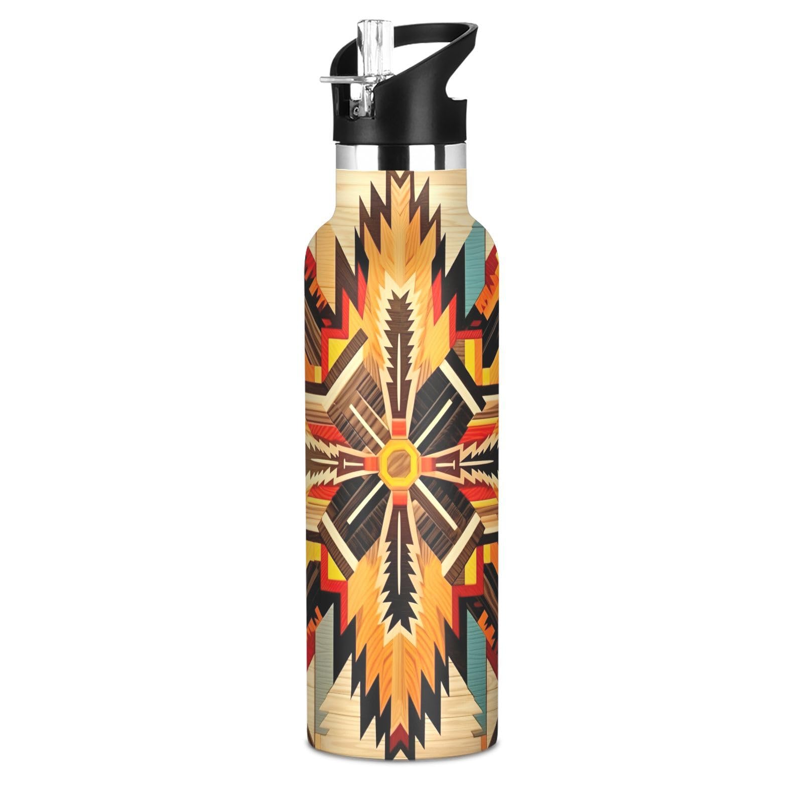 Maunzc Indian Geometric Pattern Kids Insulated Water Bottle with Straw Lid, 20oz BPA-Free Stainless Steel Water Bottles Double-Wall Vacuum Leak-Proof