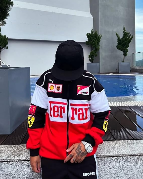 Image of EXOTIX Red & White Racing Jacket Modern Design | Adjustable & Comfortable Zip-Up Printed Jacket | For Men's Party and Daily Wear | Racing Sports jacket for Women