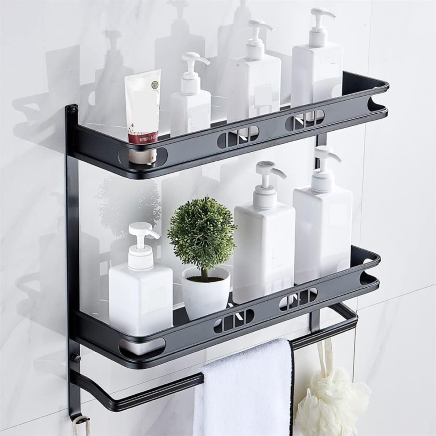 Estante Baño Cesta De Almacenamiento Carrito Ducha Aluminio con Toallero Y Ganchos Estantes Dobles para Baño Organizador Ducha(Black)