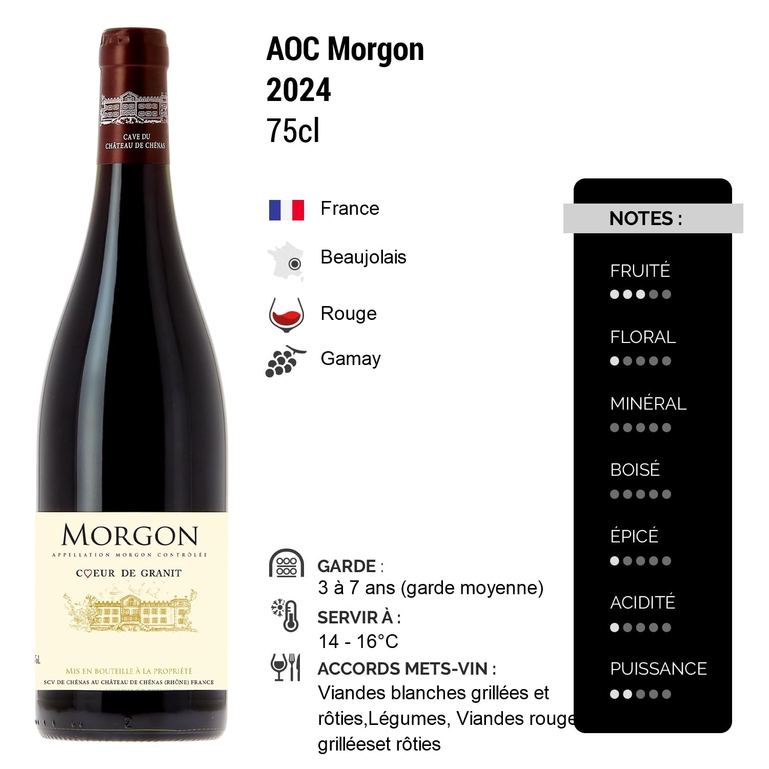 Morgon Coeur de Granit - Rouge 2024 - Cave du Château de Chenas - Vin Rouge du Beaujolais (6x75cl)