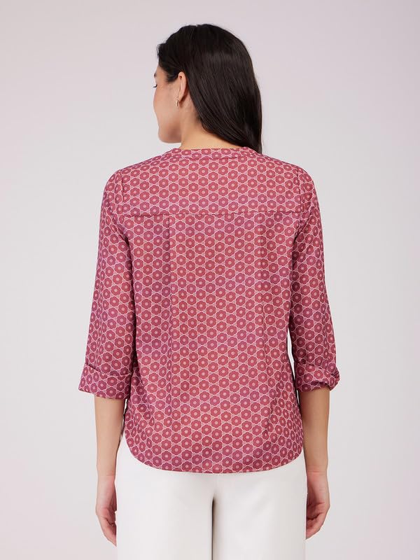 Image of FableStreet Women Shirt Work & Casual | Relaxed Fit Mandarin V-Neck Three-Quarter Sleeves Solid Pattern | Breathable Woven Fabric for Office & Everyday Wear