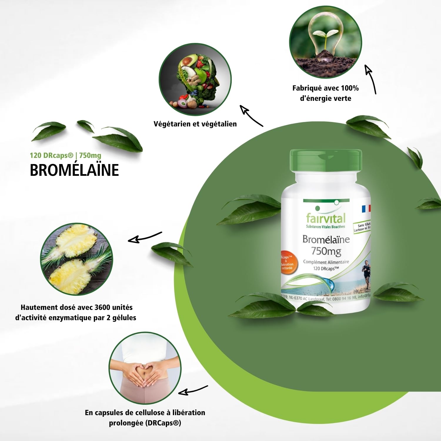 fairvital Bromélaïne 750mg, HAUTEMENT DOSÉE, VÉGÉTALIENNE, enzyme d'ananas, 120 gélules