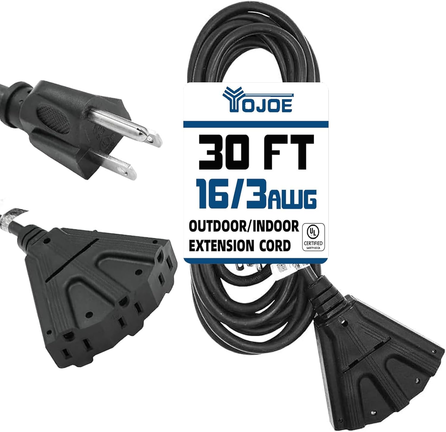 YOJOE 3-Outlets Indoor Outdoor Extension Cord, 3 Prong 13A Weatherproof Power Cord Multiple Outlets, 16 Gauge Heavy Duty 30 ft Black Extension Cord for Garage, Garden, 16/3 SJTW UL Listed