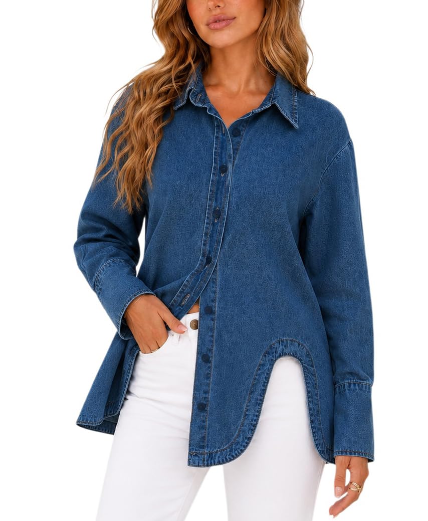 Kedera Damen-Jeans-Shirt, Knopfleiste, lässig, langärmelig, Jeansjacke, Übergröße, Chambray-Bluse