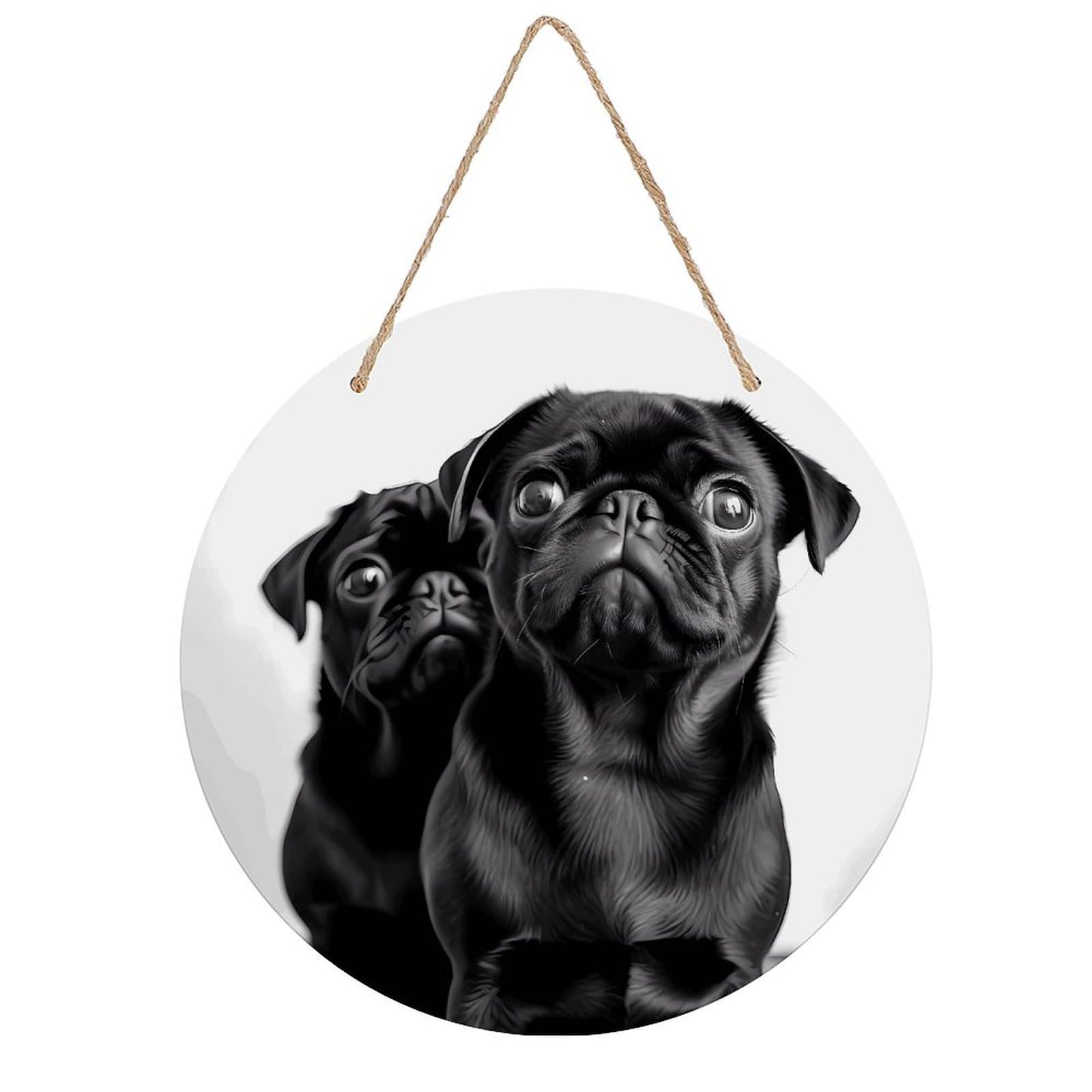 VstaDank Cute Black Pug Dog Wall Art Decor with Ropes Wooden Hanging Sign Hanging Wall Decor Artwork Round Wood Painting Modern Wall Prints Decor Picture for Office Bar Home Decors