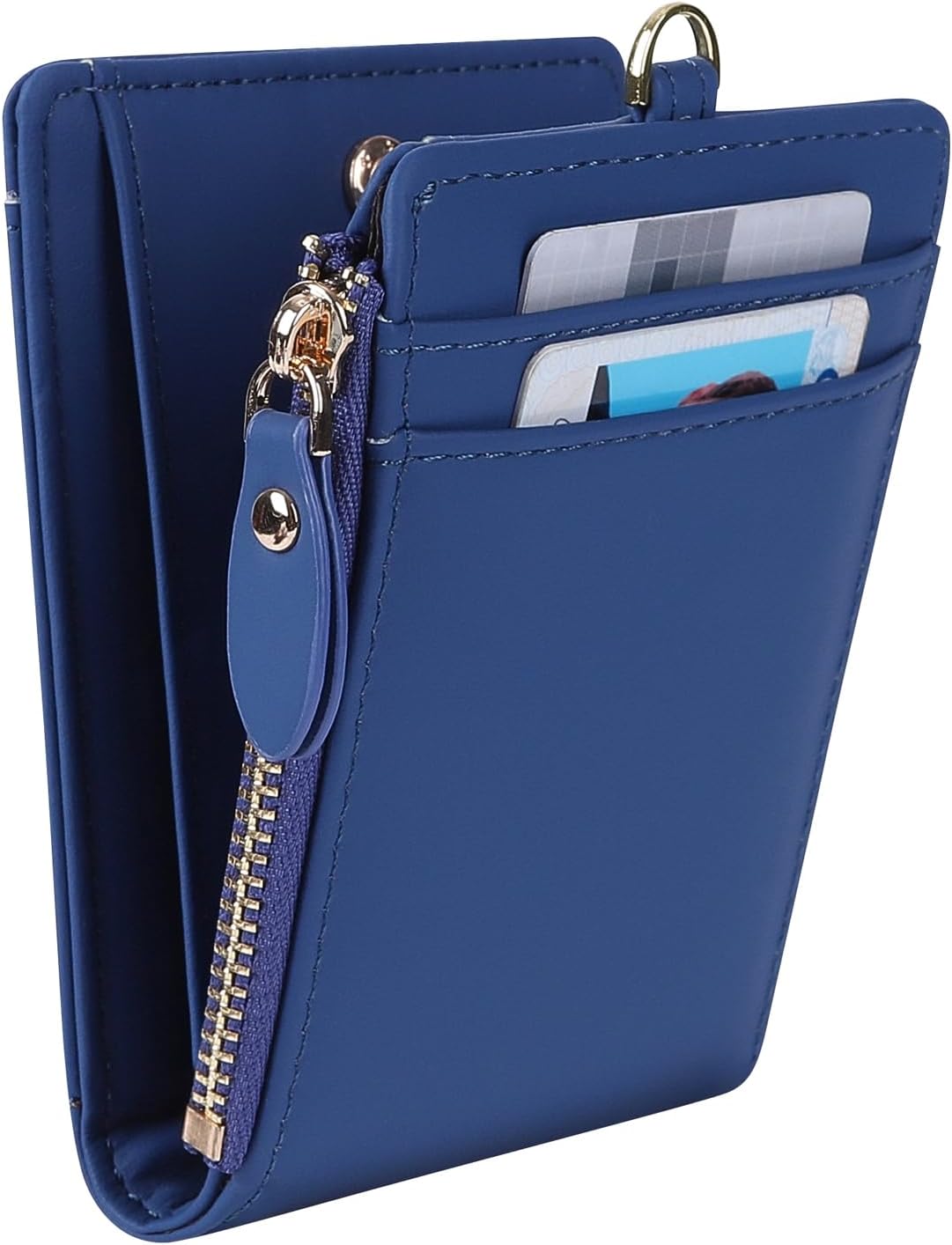 Women's Rfid Blocking Lanyard ID Credit Card Holder Compact Leather Bifold Wallet With Zipper Pocket, royalblue