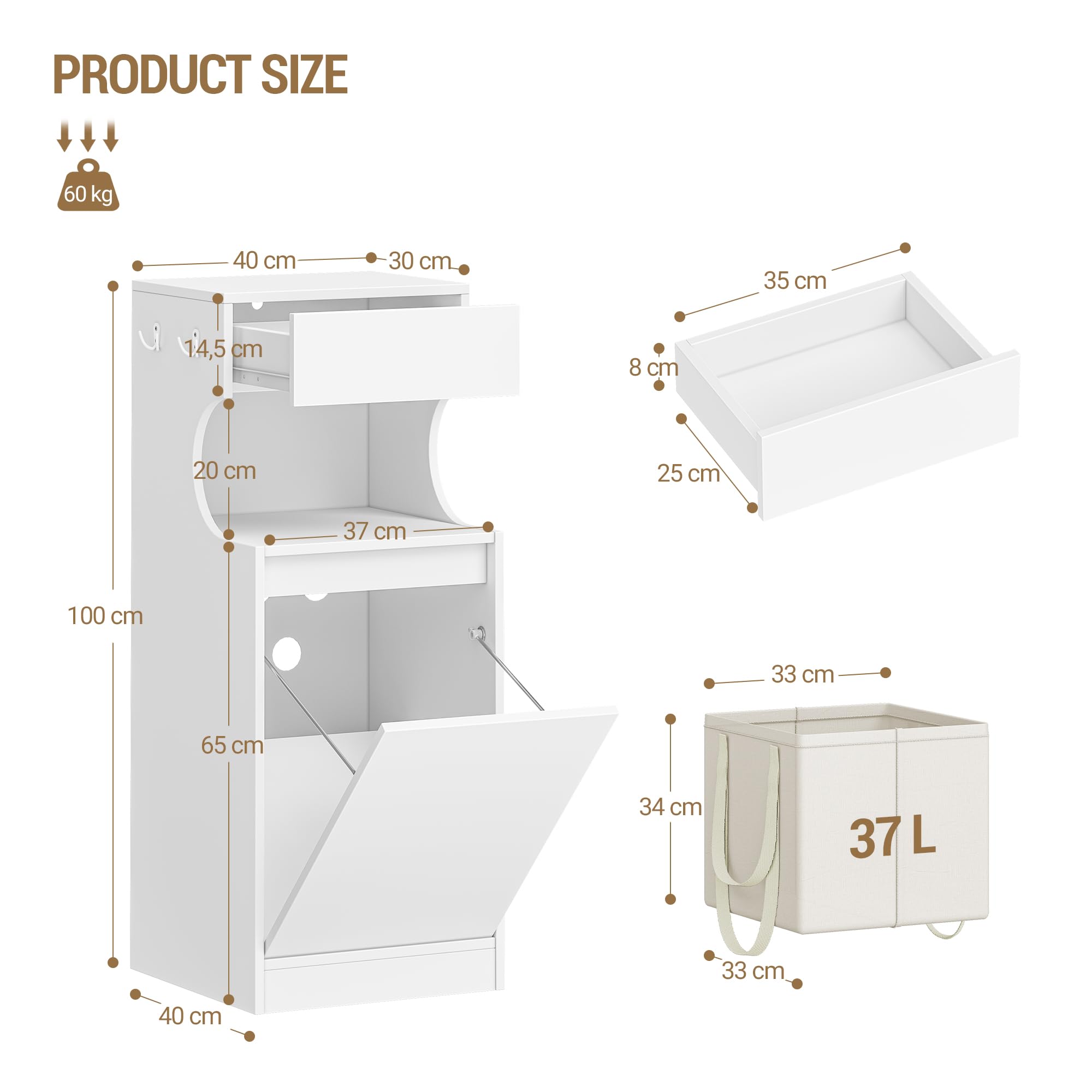 Hzuaneri Mobile Bagno, Mobiletto Bagno Salvaspazio, Con cesto portabiancheria pieghevole, per Bagnos, Soggiorno, lavanderia, 40 x 40 x 100 cm, Bianco BC42003X