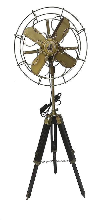 Royal Instruments Antique Brass Fan With Wooden Tripod Stand