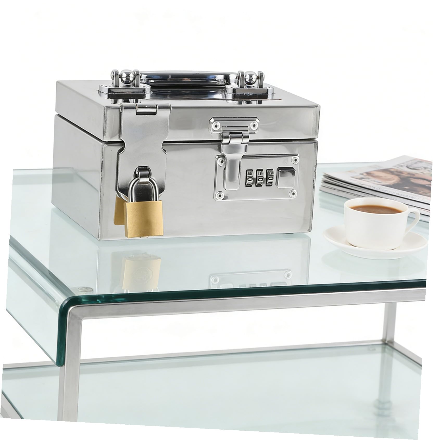 Boîte à Monnaie et Grosse Capacité avec Double Protection Argenté en Acier Inoxydable Tirelire Multifonctionnelle Sécurisée pour Maison et Bureau