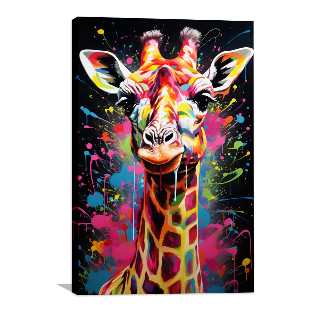 COTAIL Canvas Wall Art Home Decorations for Living Room, 36x24inch Wall Paintings Funny Colorful Giraffe Pictures for Wall Decor Painting Framed and Stretched Ready to Hang for Office Bedroom Decoration