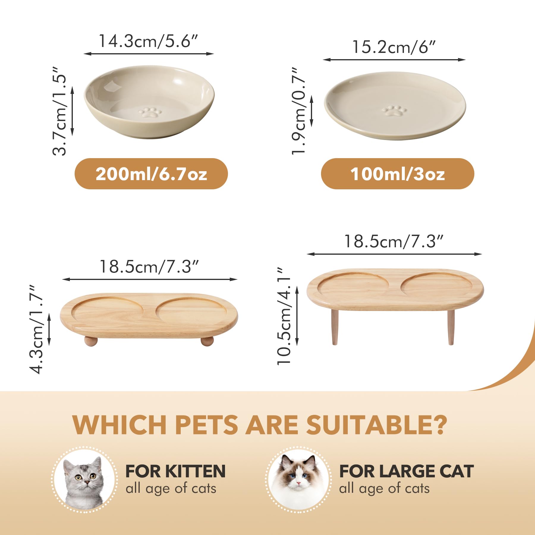 Havniva Raised Ceramic Wide Whisker Friendly Cat Dishes, Food& Water Bowl with 2 Style Stand Adjustable Pet Bowl Set, Anti Whisker Fatigue(2Dish+2Shallow Dish+Stand