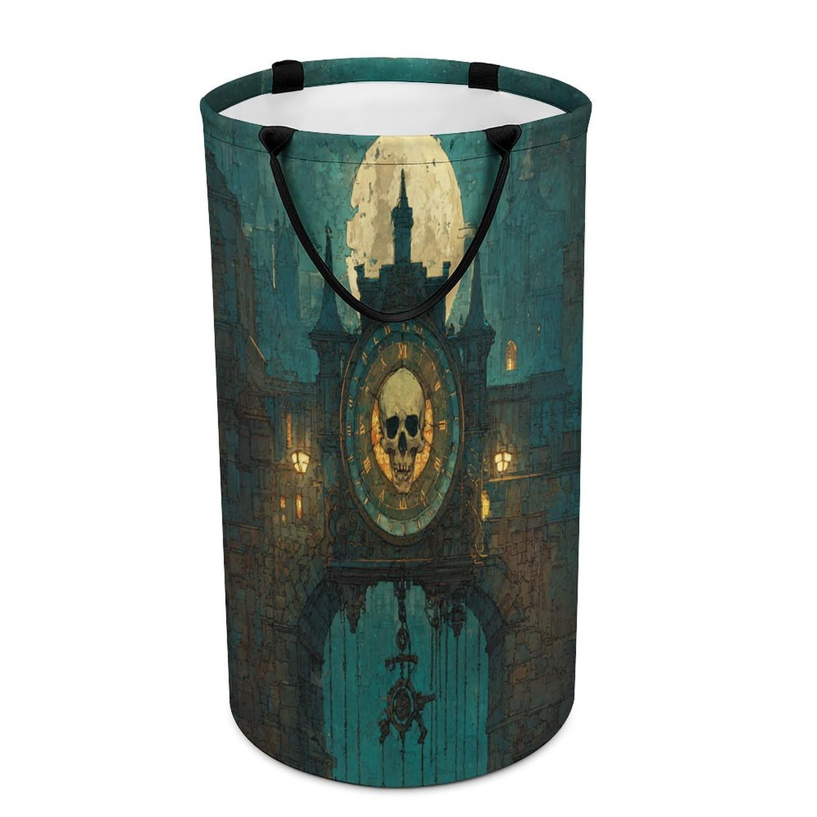 LUYYSKY Classic Abstract Skull Clock Collapsible Dirty Clothes Basket, Classic Oil Painting Full Moon Gothic Castle Skeleton Skull Portable Clothes Storage Laundry Basket-40 CM Dia, 69 CM High