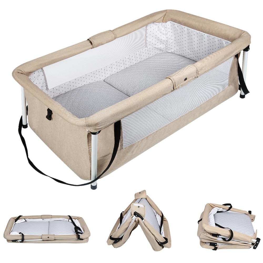 Supfine Lit de Voyage Bébé Pliable, 90 x 50 x 35 cm, Lit Parapluie Portable et Compact, Module de Couchage pour Nouveau-né (Beige, 90 * 50 * 35 cm)