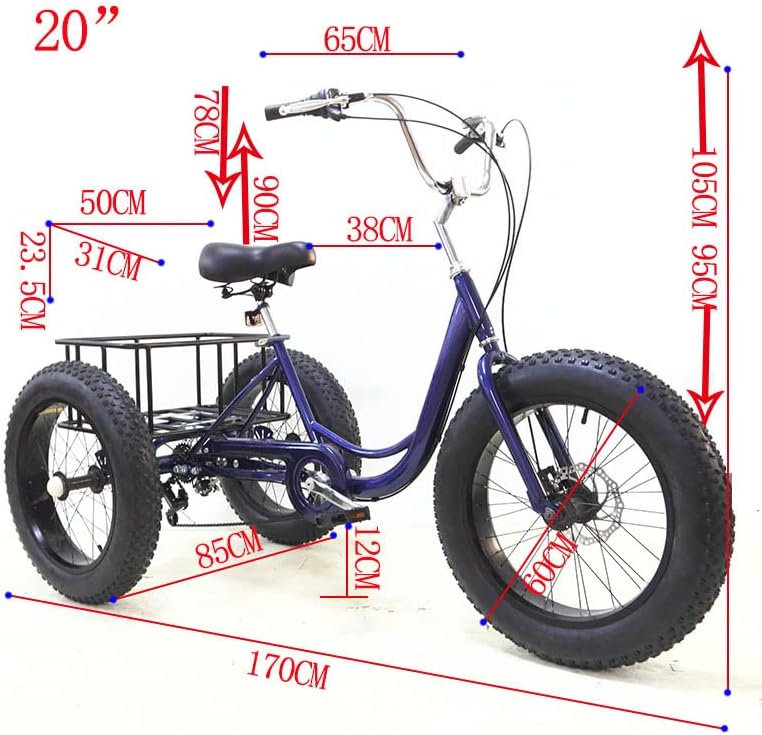Miniatura 5 de GRACEZ Triciclo para adultos con neumáticos gruesos de 20 pulgadas, bicicleta de 7 velocidades y 3 ruedas con cesta de compras de lona trasera,