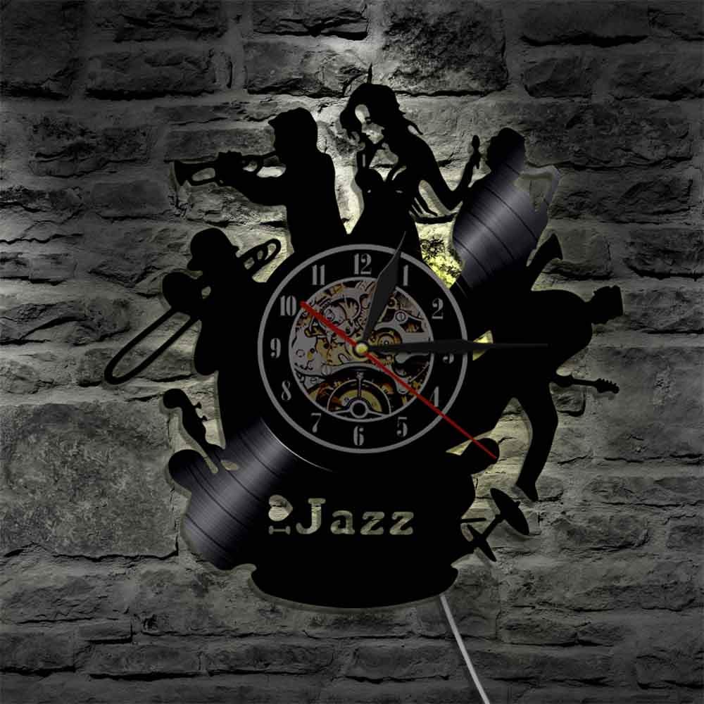 ELD Saksofon jazzowy zespół muzyczny zegar ścienny klasyczna muzyka jazzowa sztuka ścienna dekoracyjna płyta winylowa zegar ścienny miłośnik muzyki jazzowej prezent średnica 30 cm 7 kolorów zmienna