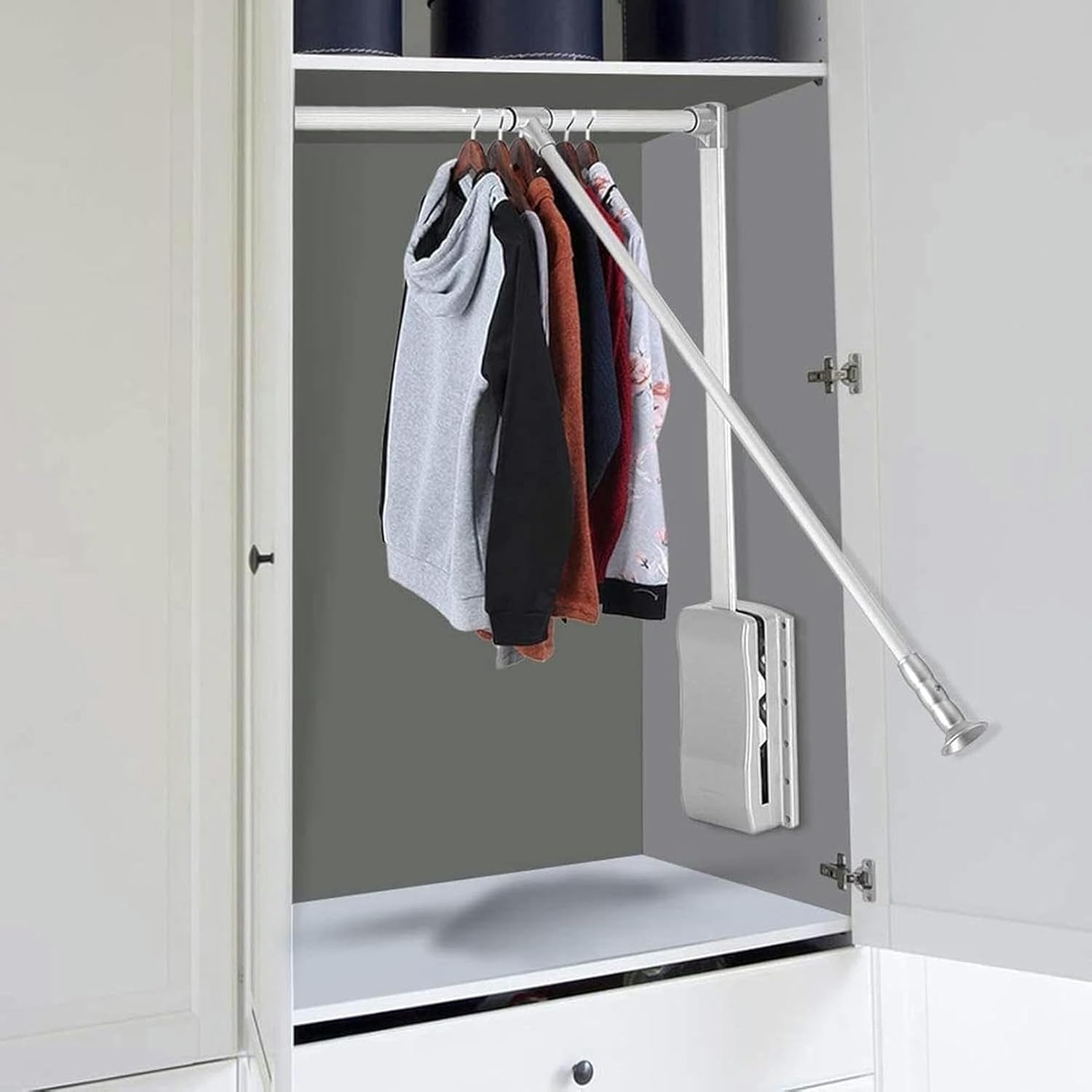 Adjustable Pull Down Closet Rod, 17-45 Inch Aluminium Wardrobe Hanger Rail, Collapsible Side Mounted Clothes Rack, Space-Saving Retractable Closet Organizer