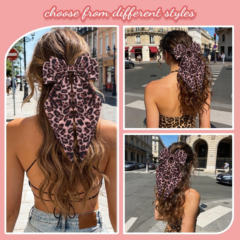 Lazo para cabello rosa con estampado de leopardo grande, clip francés de satín sedoso para mujeres, lazo con borla y cinta para el cabello con cola larga, clips para cabello para mujeres y niñas, regalo para San Valentín y cumpleaños miniatura 5