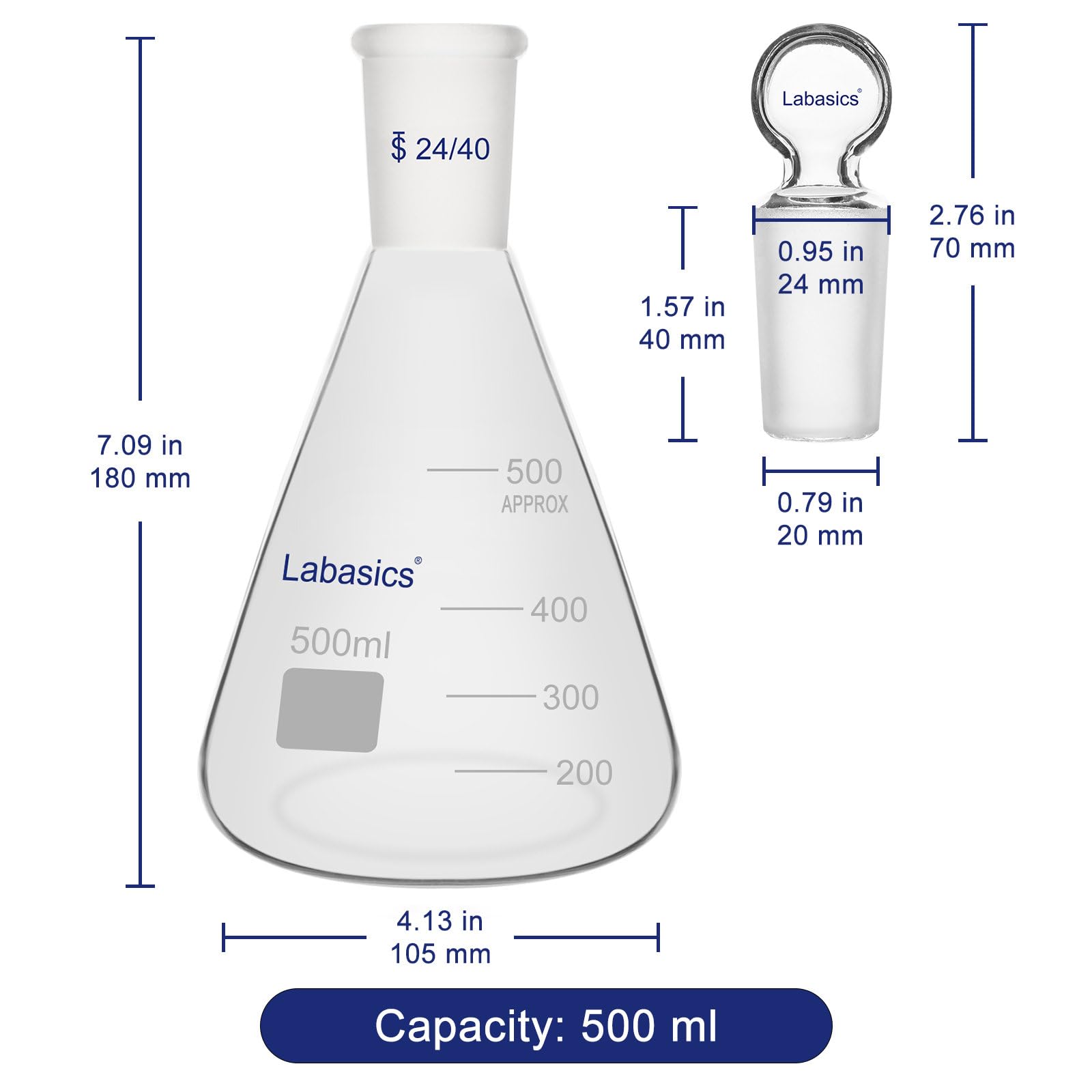 Labasics Flask Erlenmeyer in Vetro Borosilicato con Tappo a Giunto 24/40, Flask Conico per Miscelazione e Conservazione di Reagenti da Laboratorio, 500 ml