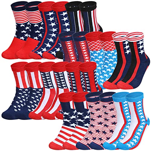 Outus 12 Pairs American Flag Socks for Men Patriotic Crew Stars and Stripes Dress White Red and Blue Veteran Military Cotton Socks for Memorial
