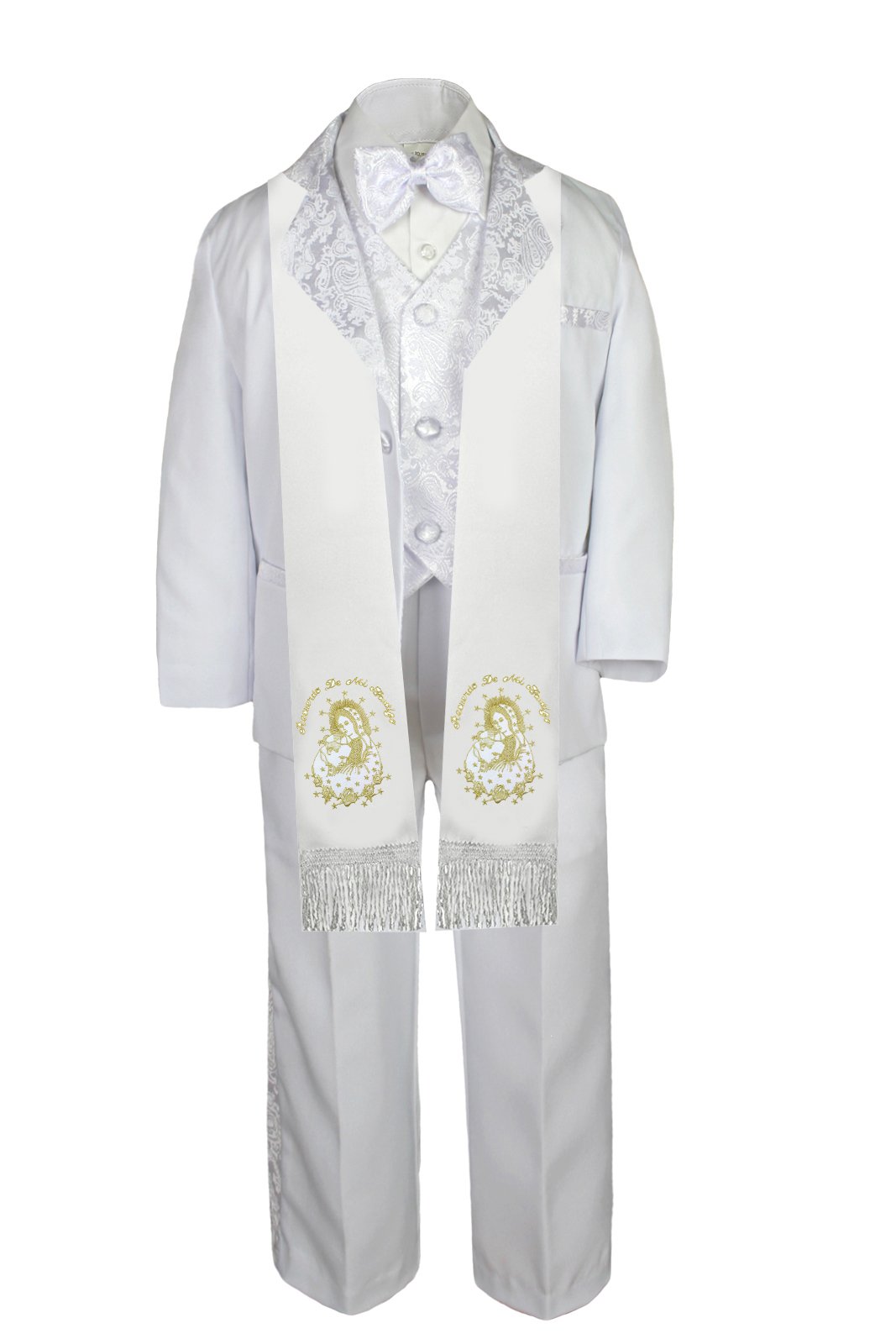 Unotux 6pc Christening Baptism White Tuxedo Spanish Plain Gold Pope Santa Maria Stole (Small (0-6 Months))
