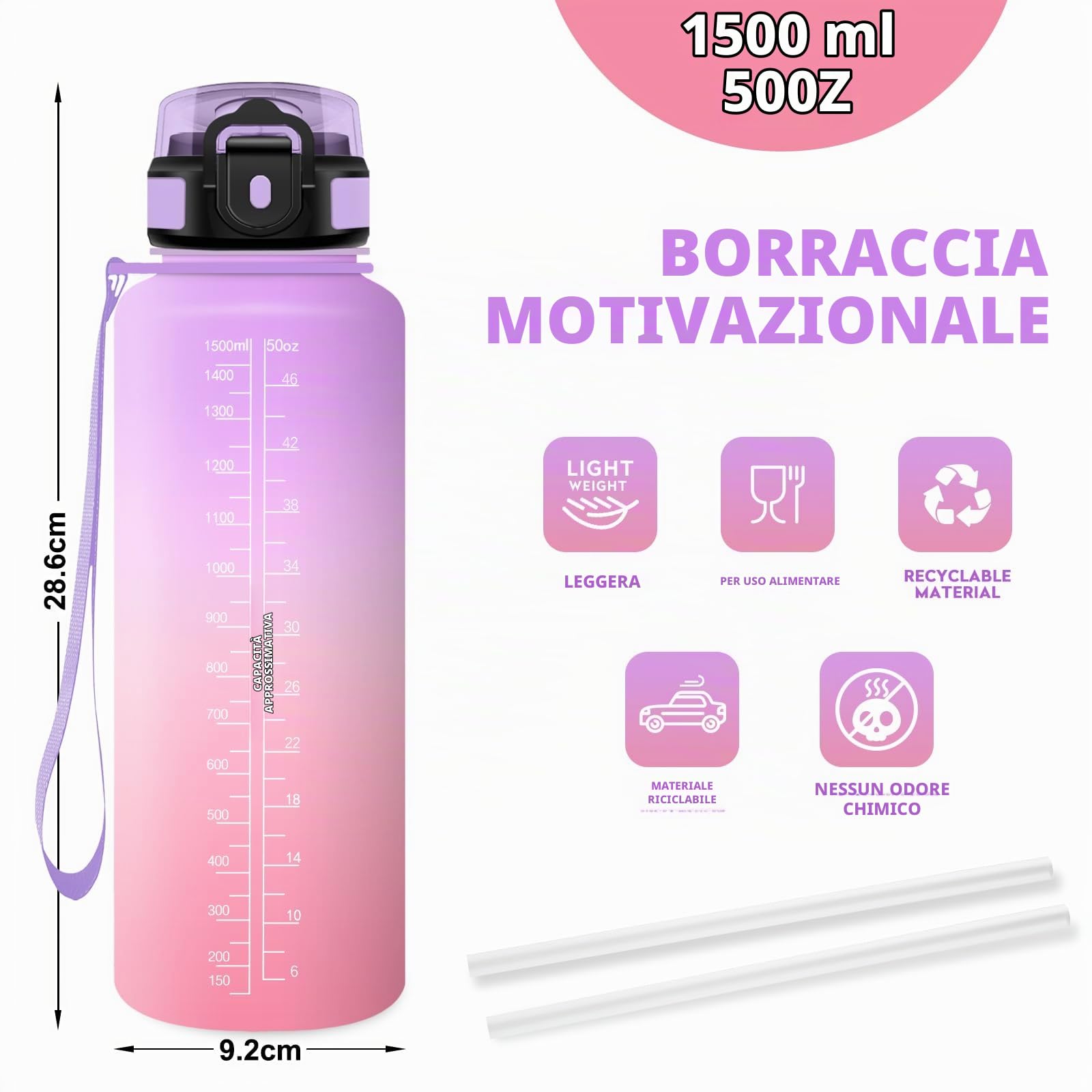 Borraccia 1.5L, Borraccia con Cannuccia e Marcatori Temporali, senza BPA, Bottiglia Acqua A Prova di Perdite per Scuola, Ufficio, Yoga