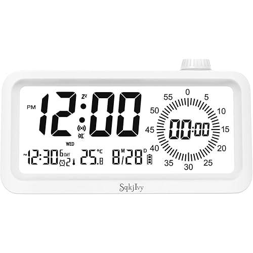 Visual Alarm Clock Timer with LCD Display, 3-Level Adjustable Backlight，Temperature Date, Silent Operation,3 Alarms, Snooze, Type-C Charging for Kids Studying/Office/Sleeping/Cooking(White)