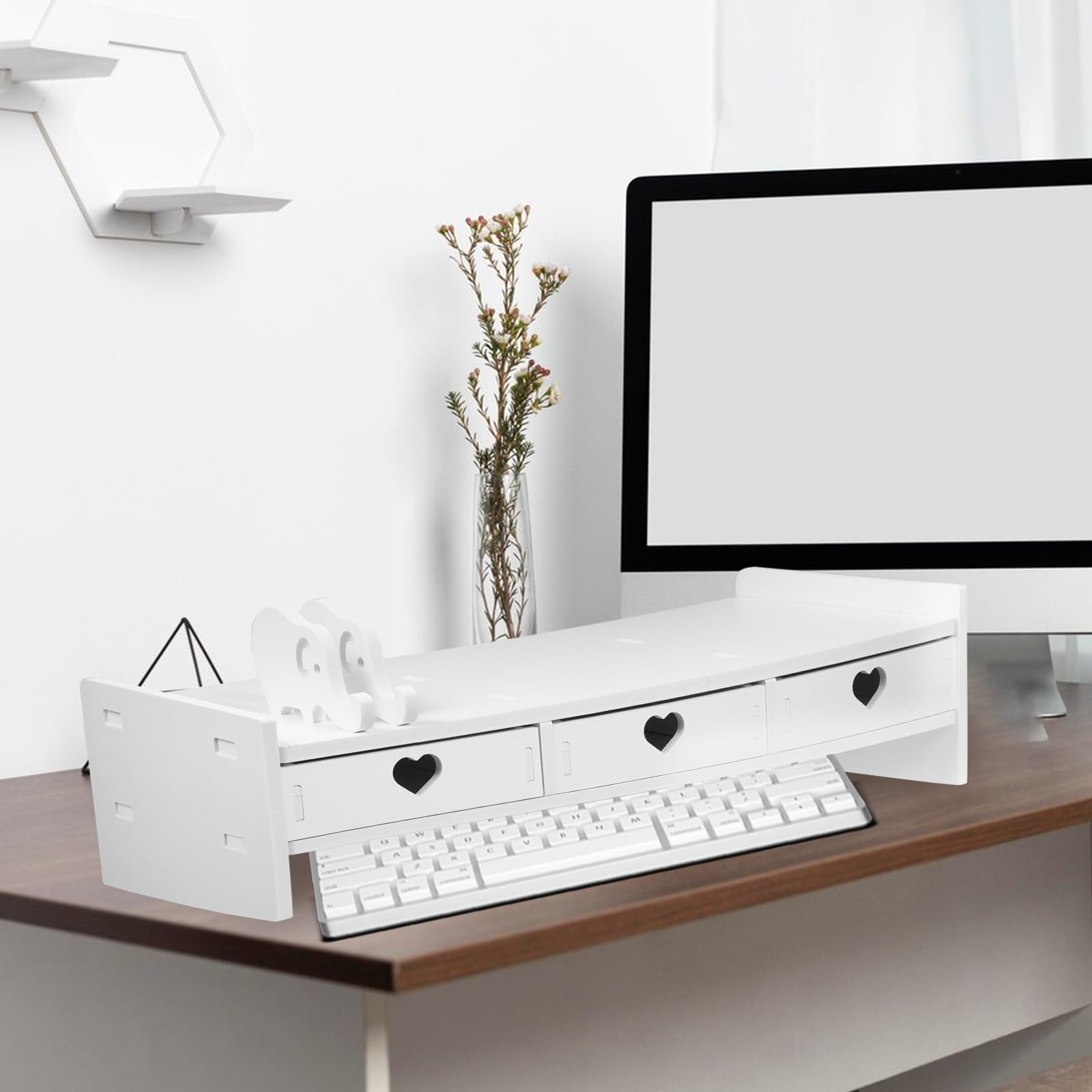 Supporto da Tavolo per Monitor Organizer e Spazio per Tastiera, Rialzo Bianco in PVC e Legno-Plastica, Adatto per Postazioni Ufficio e Smart Working