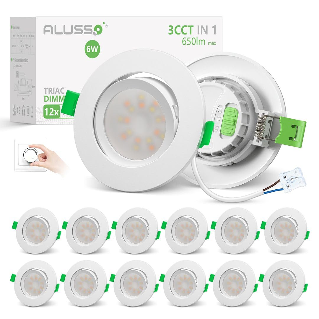 ALUSSO LIGHTING 12er Set LED Einbaustrahler 230V Flach Dimmbar Spots 6W 650lm mit Abnehmbar Modul, 3CCT Warmweiß Naturweiß Kaltweiß Schwenkbar Einbauspots 110° Abstrahlwinkel für Küche Wohnzimmer