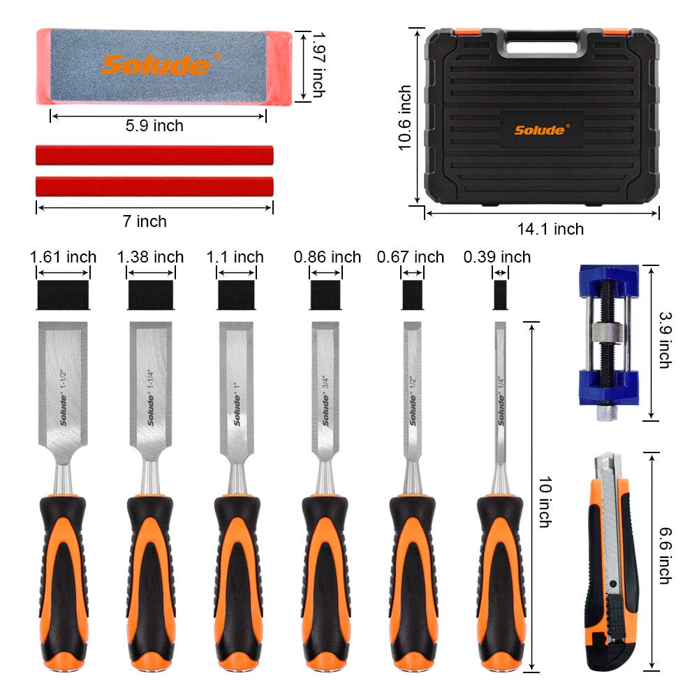 SOLUDE 11Pcs Wood Carving Chisel Set,Heated Treated Cr-V Woodworking Chisels Tool Kit with Sharpening Stone,Honing Guide,Carpenter Pencils