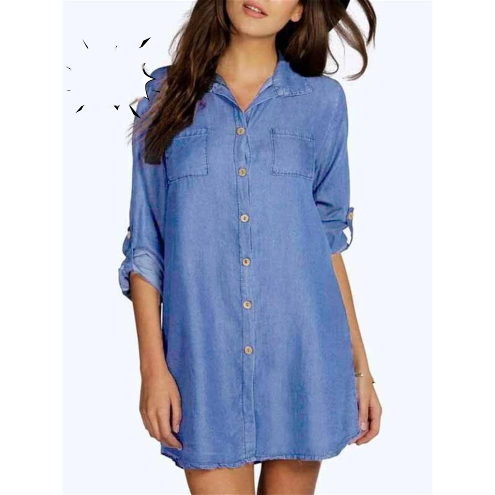 Camisa de mezclilla con solapa para mujer, media manga, botonadura simple, camisa delgada a la moda