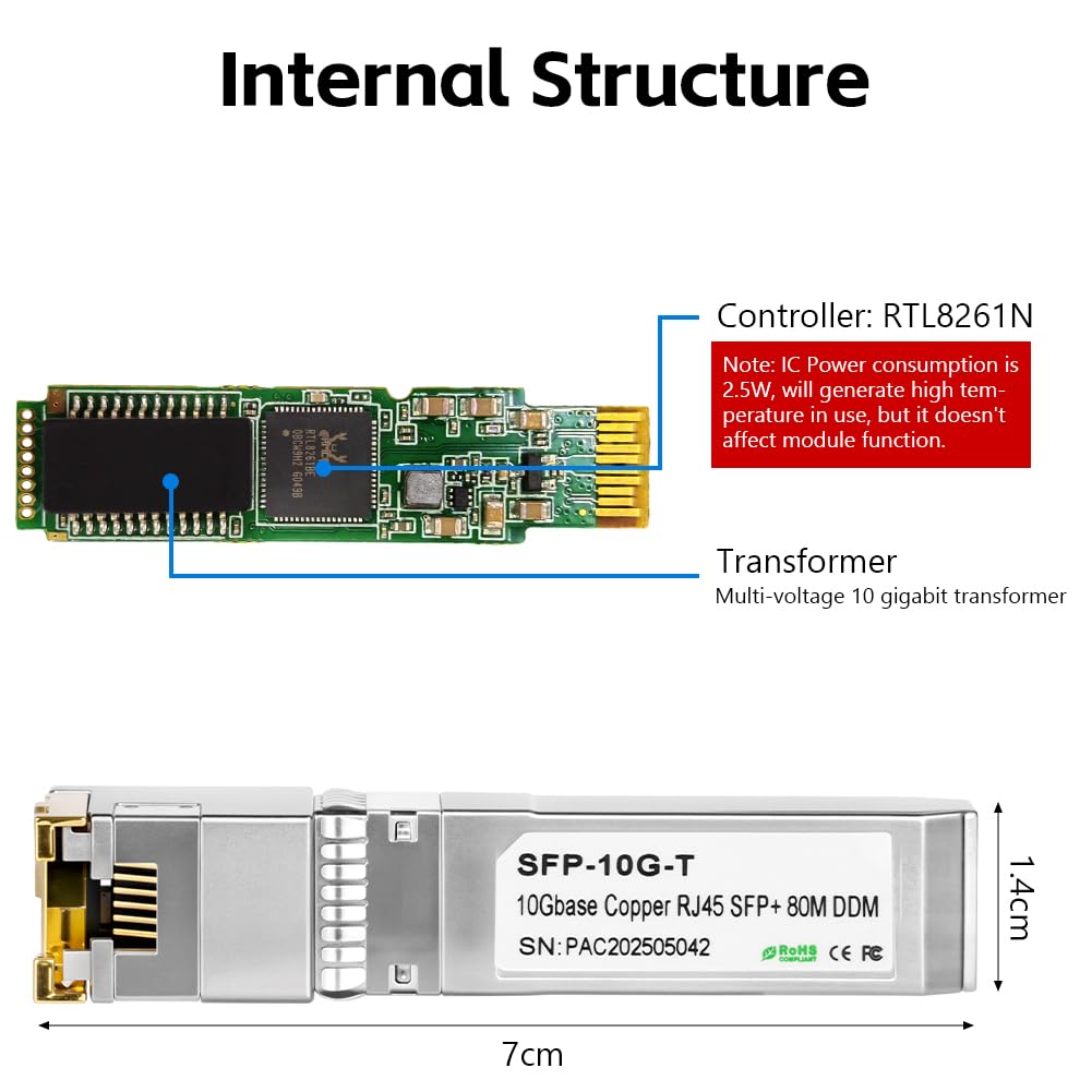 OFFCUP Module de SFP vers RJ45 en Cuivre, 10G SFP Base-T Jusqu'à 80 Mètres, Mini-GBIC Transceiver Compatible avec Cisco SFP-10G-TS Ubiquiti UF-RJ45-10G Netgear Mikrotik D-Link Supermicro