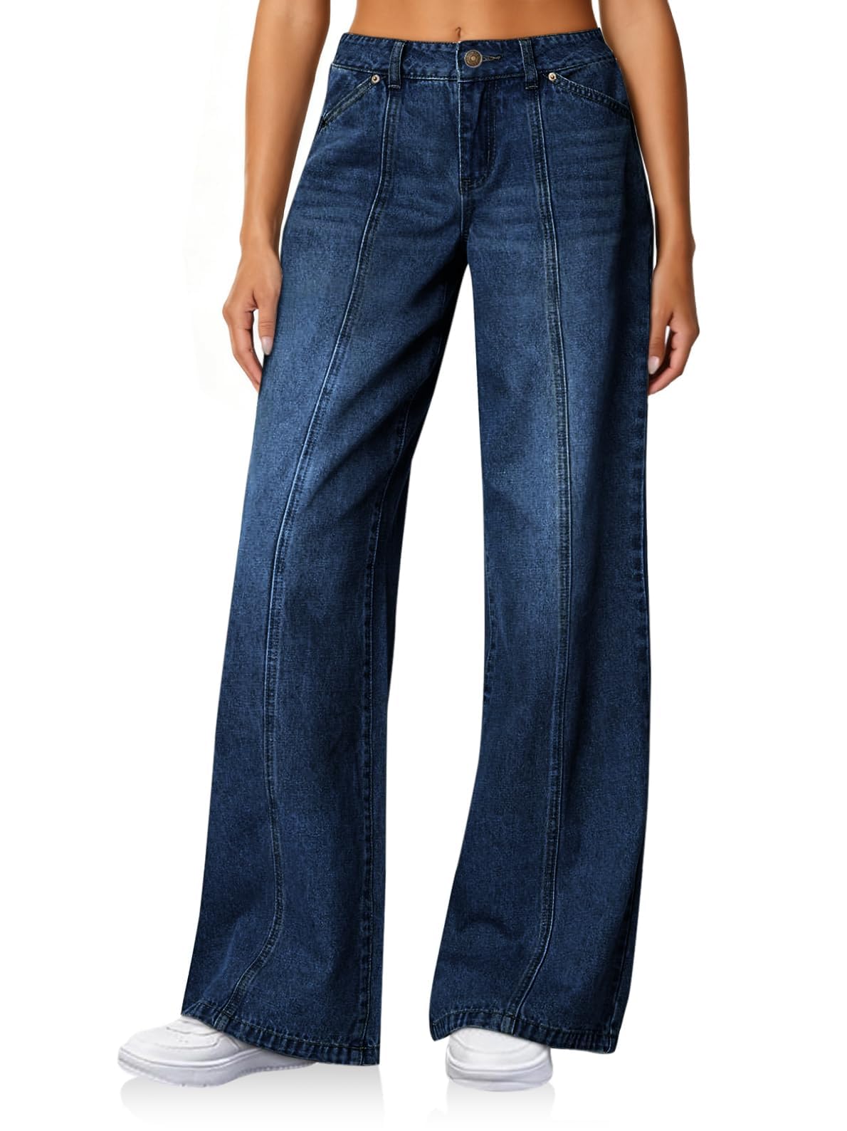 Cicy Bell Jean baggy pour femme - Coupe large - Taille haute - Coutures avant - Denim - Avec poches