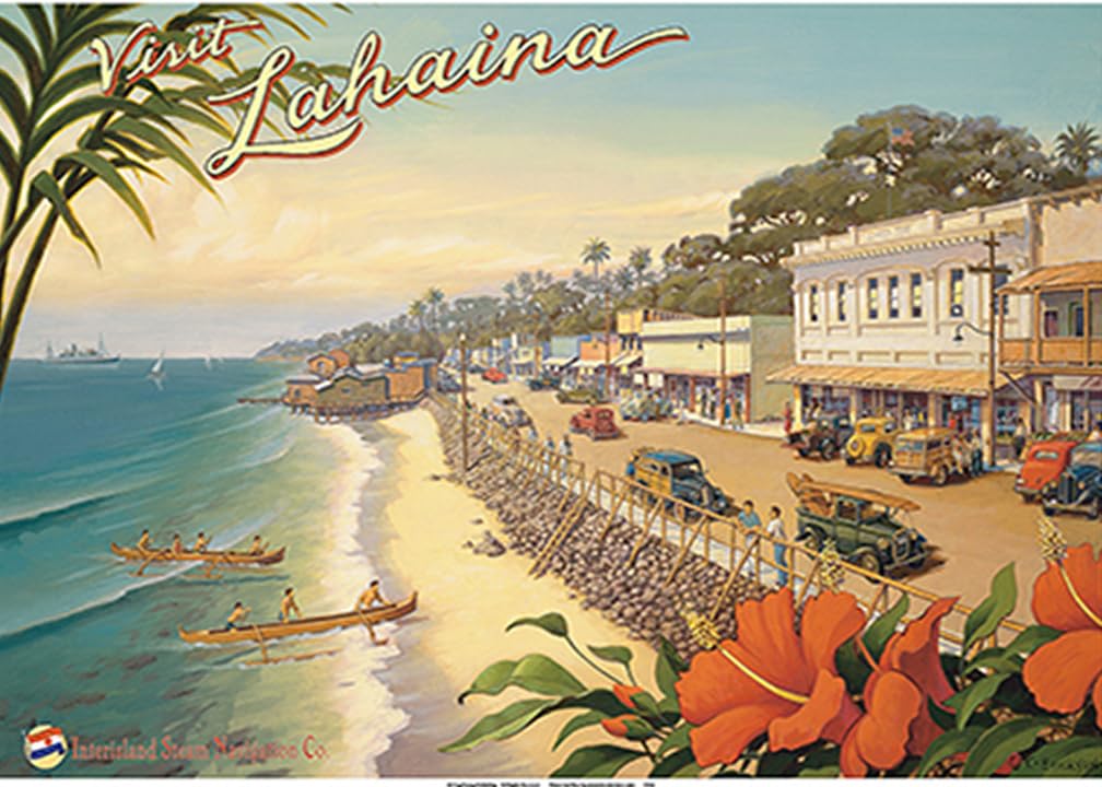 Visit Lahaina Maui Hawaii - All Proceeds Donated to Maui United Way Fire Disaster Relief - Vintage Hawaiian Travel Poster by Kerne Erickson - Master Art Print 10in x 14in