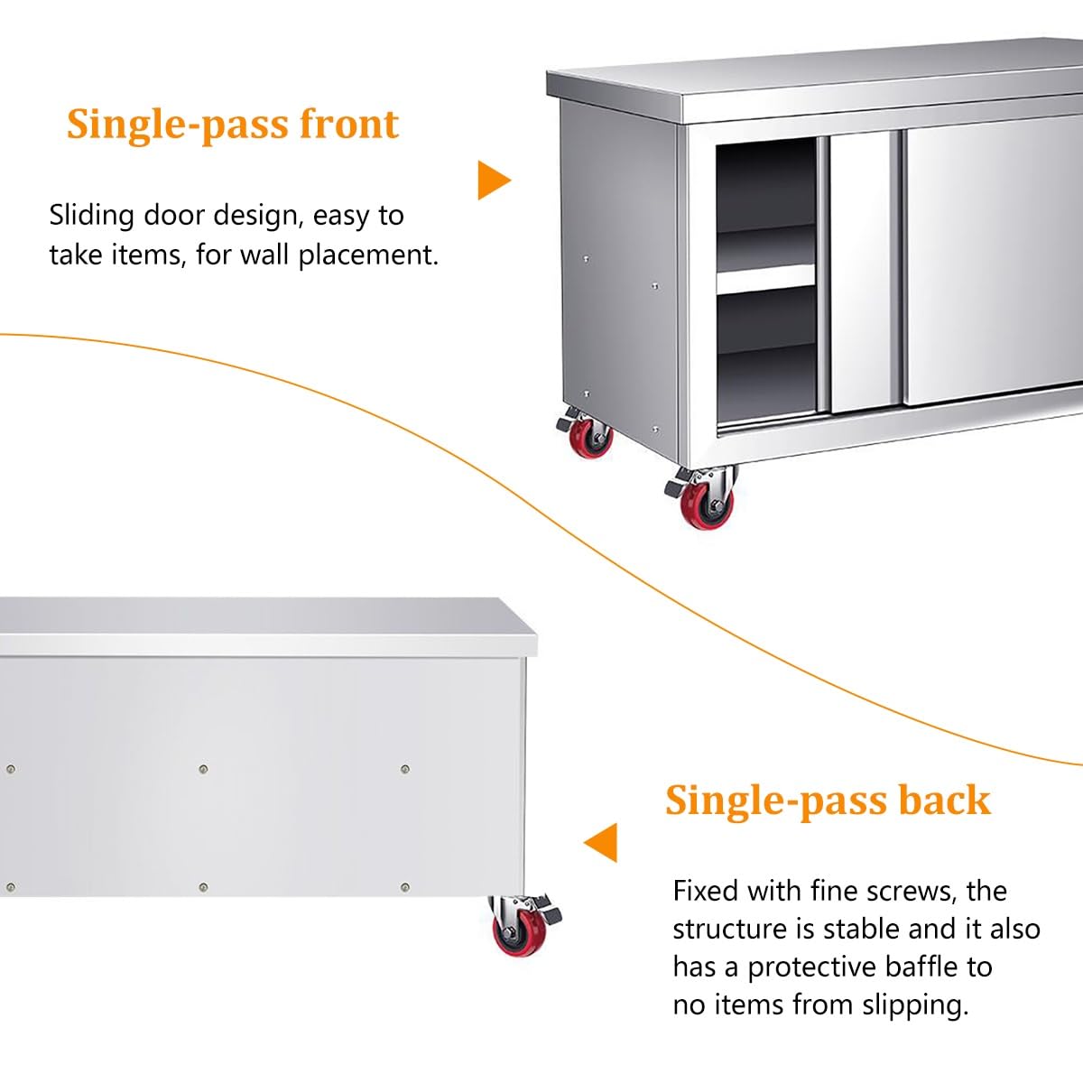 Mesa de trabajo de acero inoxidable, mesa de preparación de cocina comercial resistente con puertas correderas y ruedas, capacidad de carga de 1240 libras para uso en restaurantes y hoteles