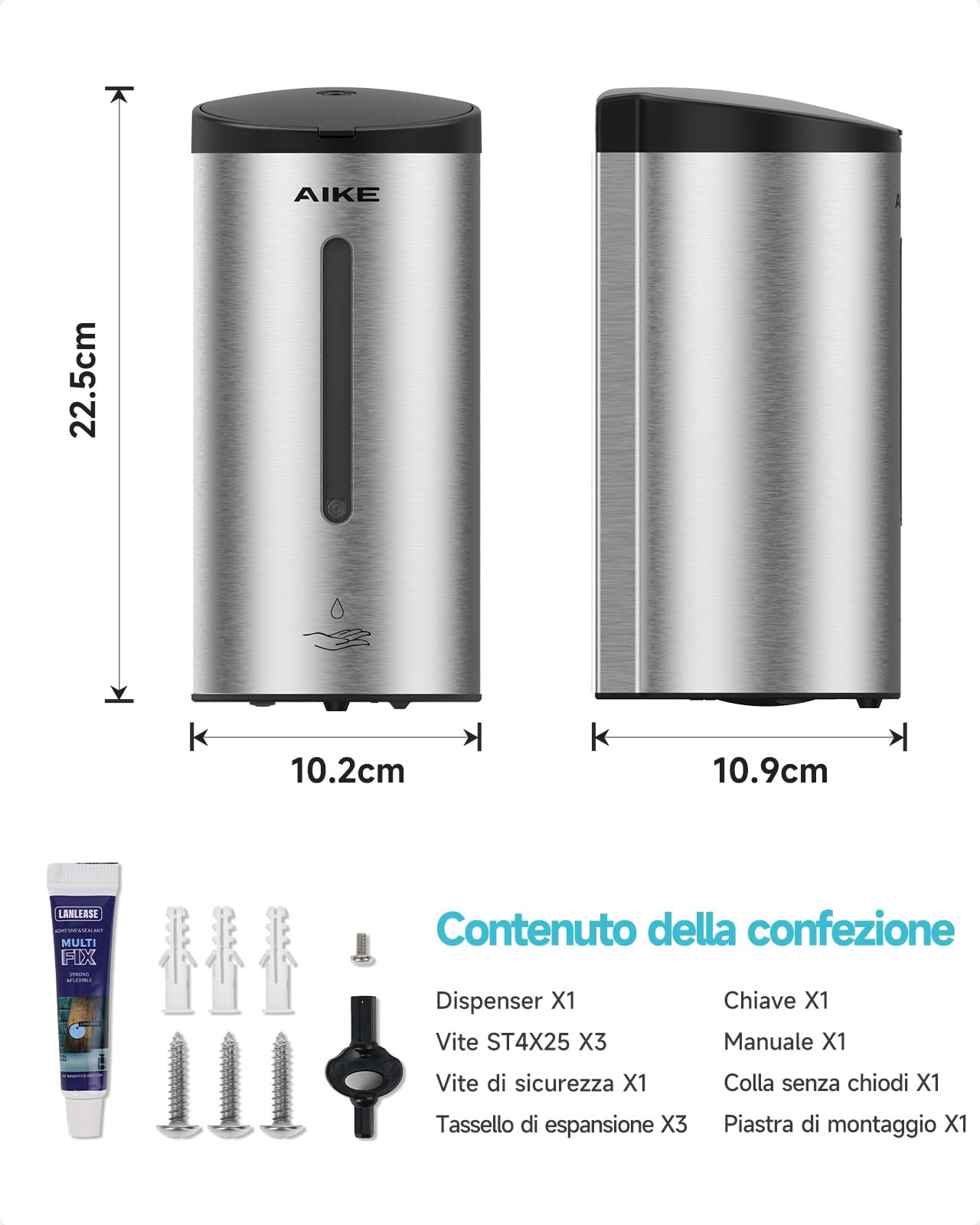 AIKE AK1205E Dispenser di Sapone Automatico da Parete, Grande Capacità in Acciaio Inox per Sala da Pranzo e Bagno