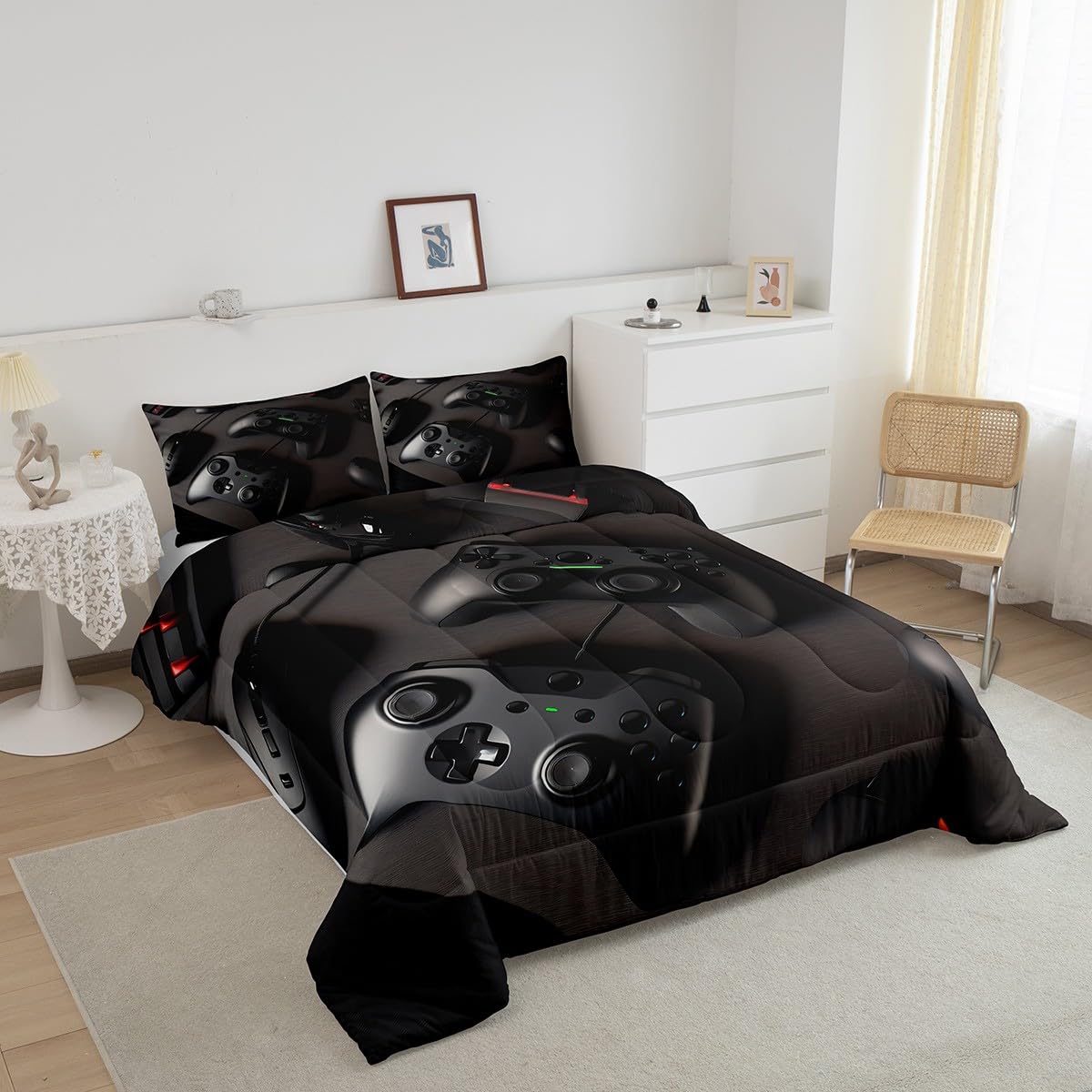 Loussiesd Zestaw kołder dla graczy King Gaming Down Comforter dla dziewcząt nastolatków nowoczesny kontroler konsoli do gier zestaw pościeli joystick dekoracja pokoju czarna kołdra zestaw