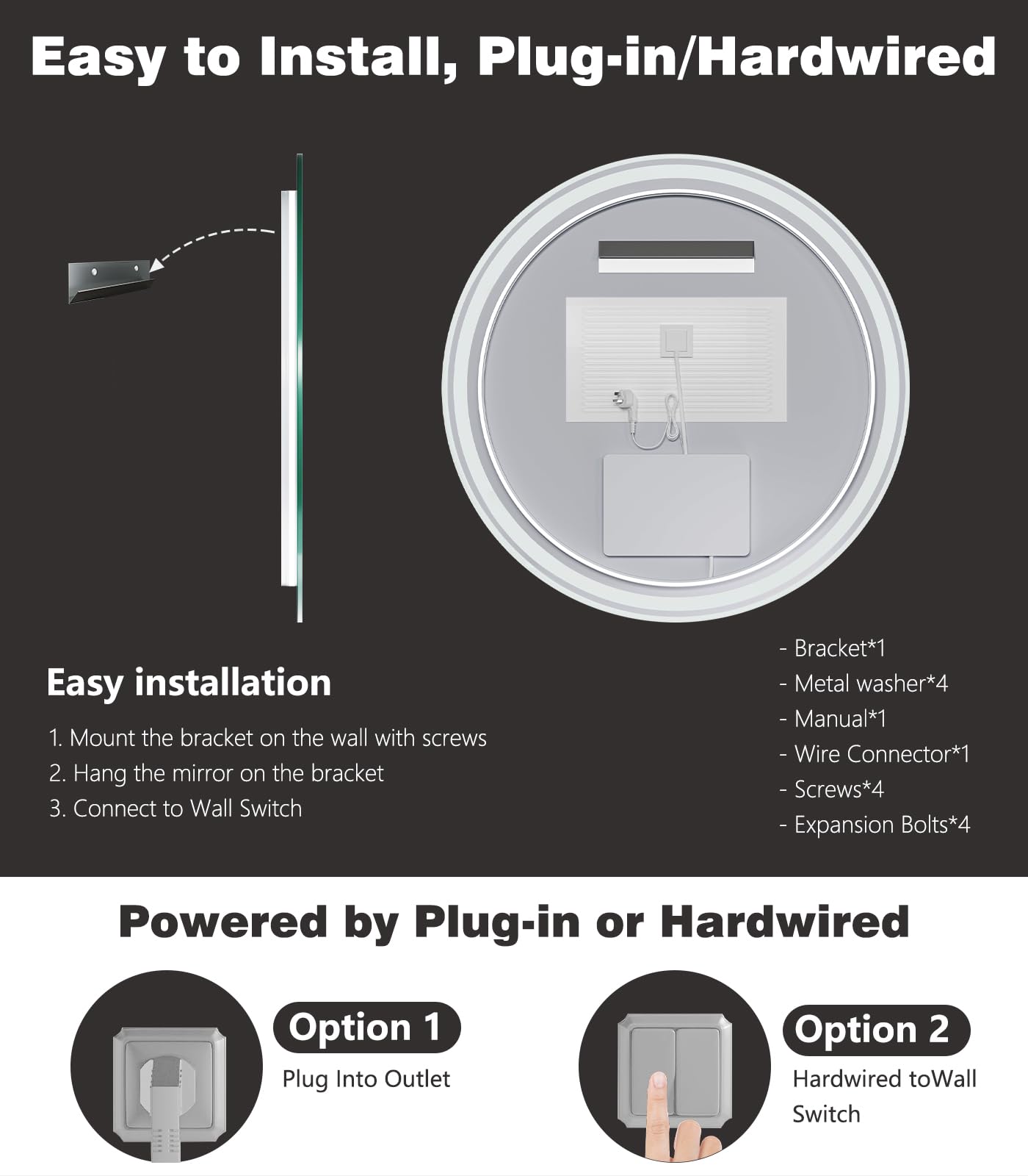 24 Inch LED Bathroom Mirror Round Vanity Mirror with Lights Dimmable 3 Color Change Backlit Front Lit 4MM — view 7