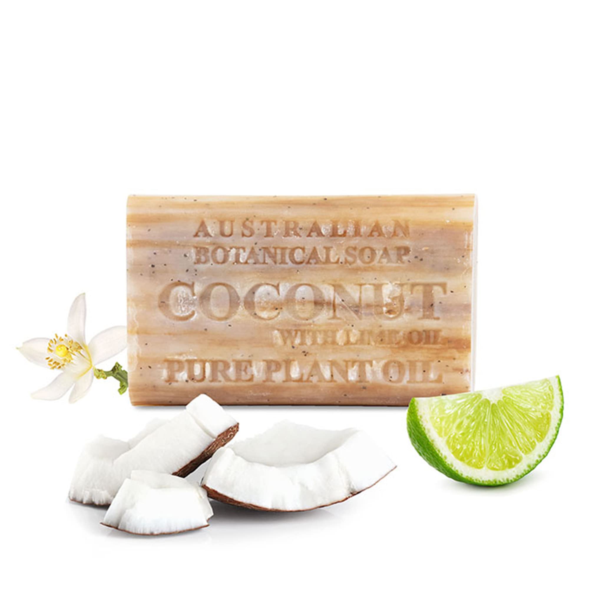 Australian Botanical Soap Coconut with Lime Oil 6.6 oz Triple Milled Luxury Soap Bar Enriched with Shea Butter, Coconut Shells, and Essential Oil,