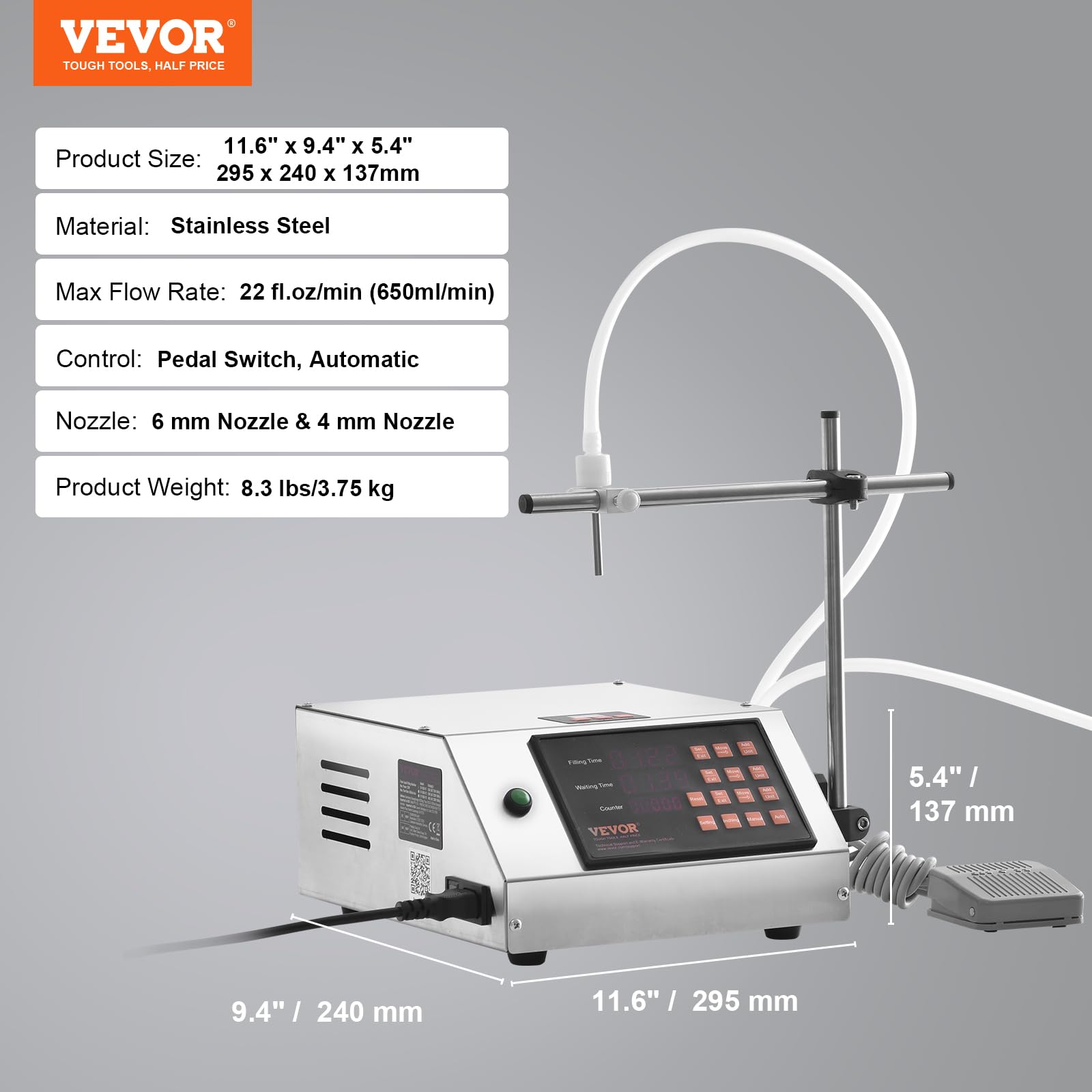 VEVOR Riempitrice Liquidi capacità di Pesatura 5-650 mL, Riempitrice Liquidi Automatica per Bottiglie Controllo Digitale, Riempitrice da Banco con Pompa Peristaltica Acqua Latte Vino Bevande Shampoo