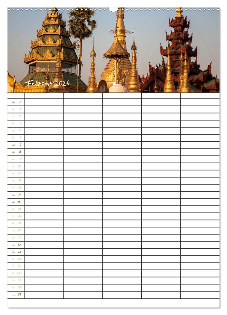 Goldenes Myanmar - Familienkalender 2026 (hochwertiger Premium Wandkalender 2026 DIN A2 hoch), Kunstdruck in Hochglanz: Myanmar - das Land der ... 5 Spalten für Ihre Einträge. (CALVENDO Orte)