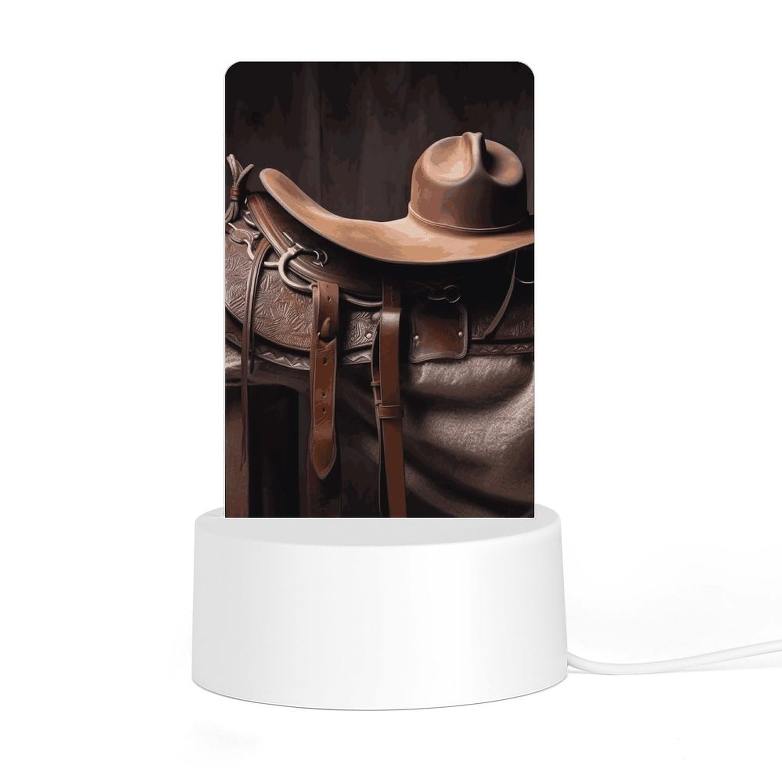 JTREHY Acrylic Night Light with Base, Horse Saddle with A Cowboy Hat Printed Desktop Night Light LED Bedside Night Light for Bedroom, Bathroom, Corridor, Holiday Gift