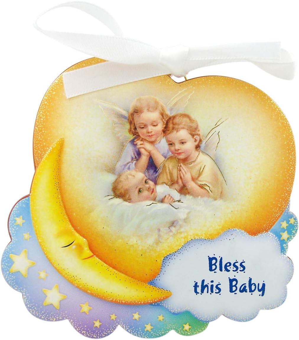 Needzo Bless This Baby with Guardian Angels Hanging Wooden Crib Medal with Prayer Card, 3 3/4 Inch