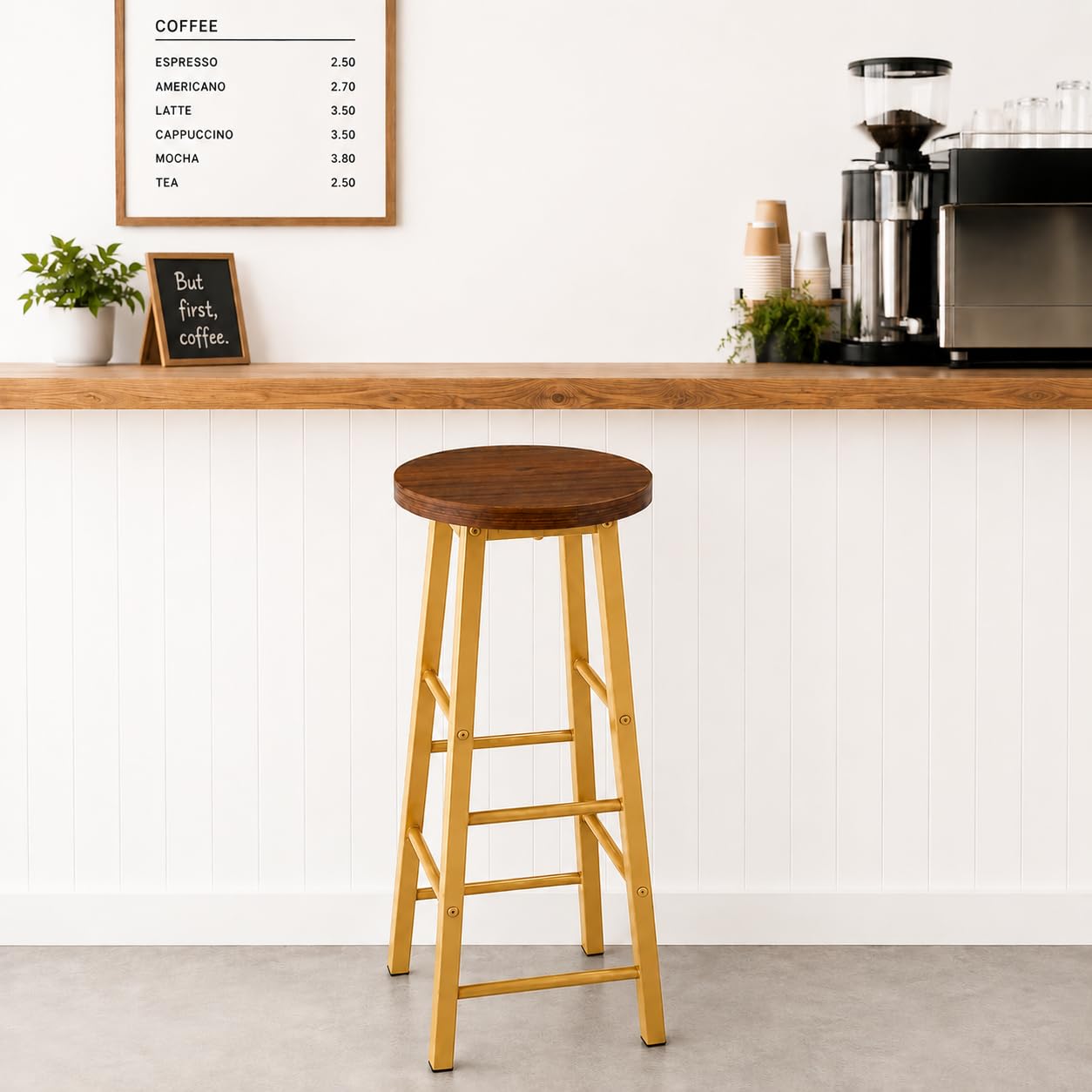 84173 Classic Breakfast Kitchen Counter Bar Stools 1 PCS MDF Seat Seat Bar Chairs Metal Legs Barstools Dark Beech High Stools - Golden Frame-picture-13