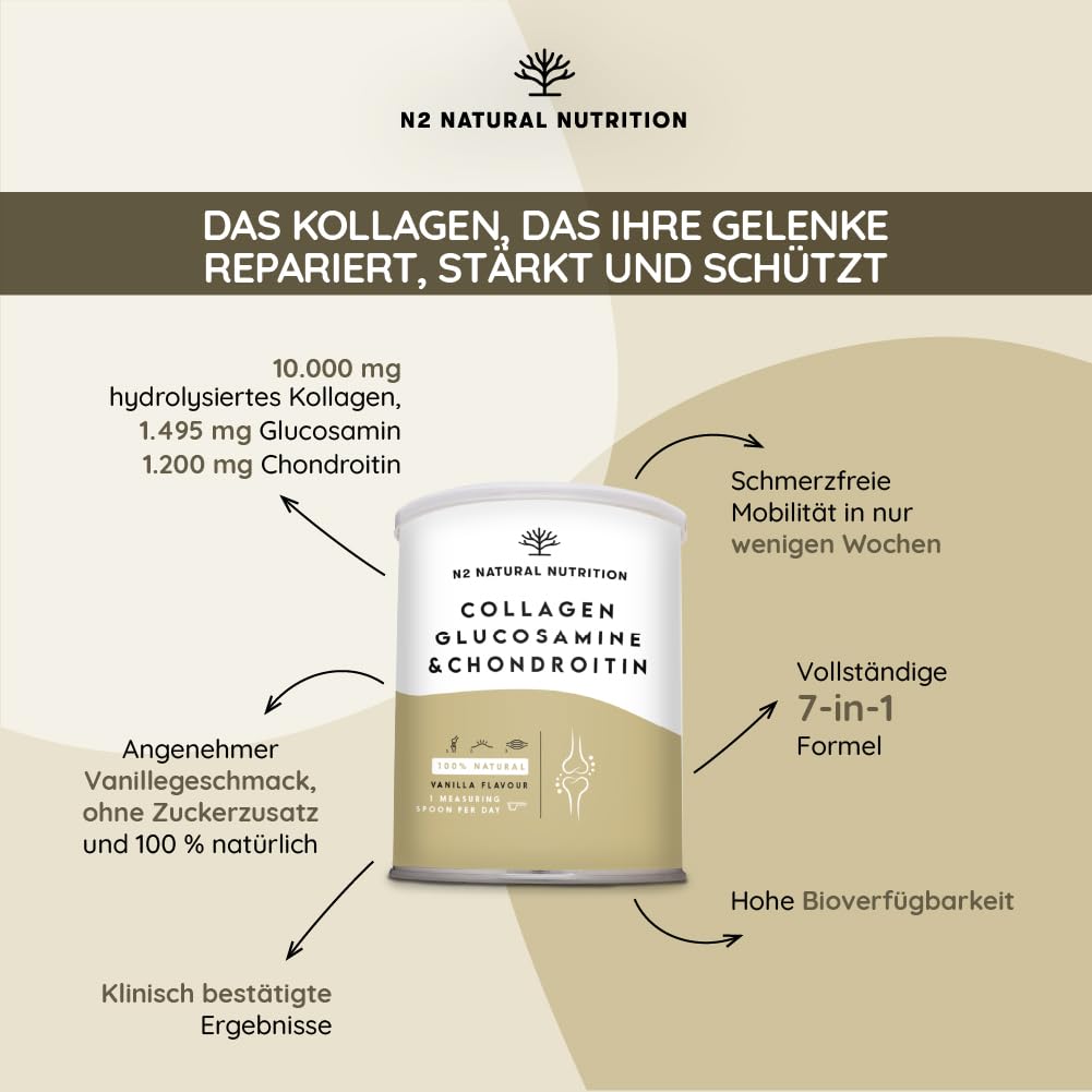 Collagen Hydrolysat Pulver mit Hyaluronsäure, Glucosamin, Vitamin C, Magnesium, Silizium. Kollagen Pulver. Leistungsstarker Knorpelschutz. Stärkung der Gelenke, Knochen, Haut. EU. N2 Natural Nutrition